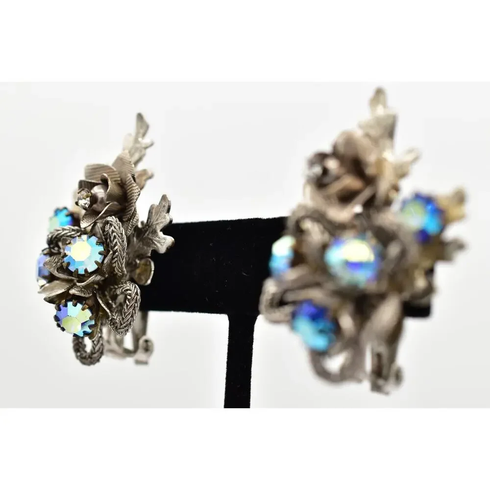 kramer Vintage Crystal Clip On Earrings AB Blue Prong Silver Floral 1950s BinBK